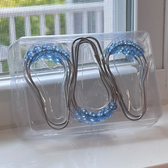Blue Beaded Silver Metal Shower Curtain Set of 12 Hangers Hooks 3” - Picture 1 of 5